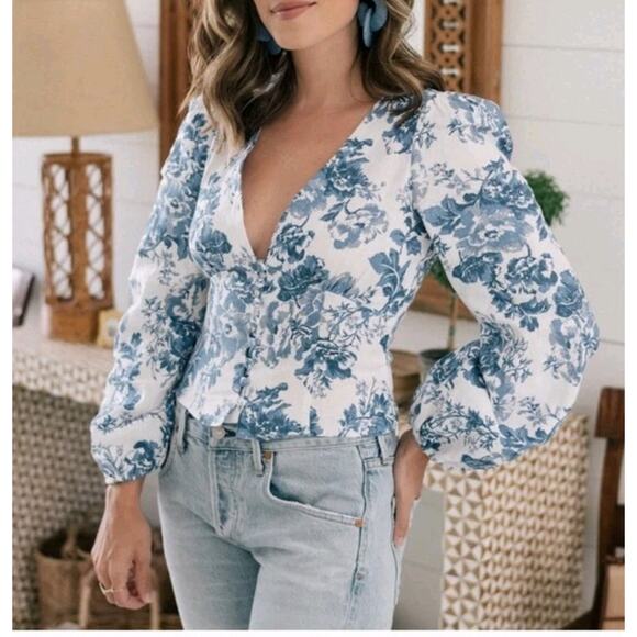 Reformation Aryn Linen Floral Top Balloon Sleeves Size 4 Romantic - Picture 3 of 15